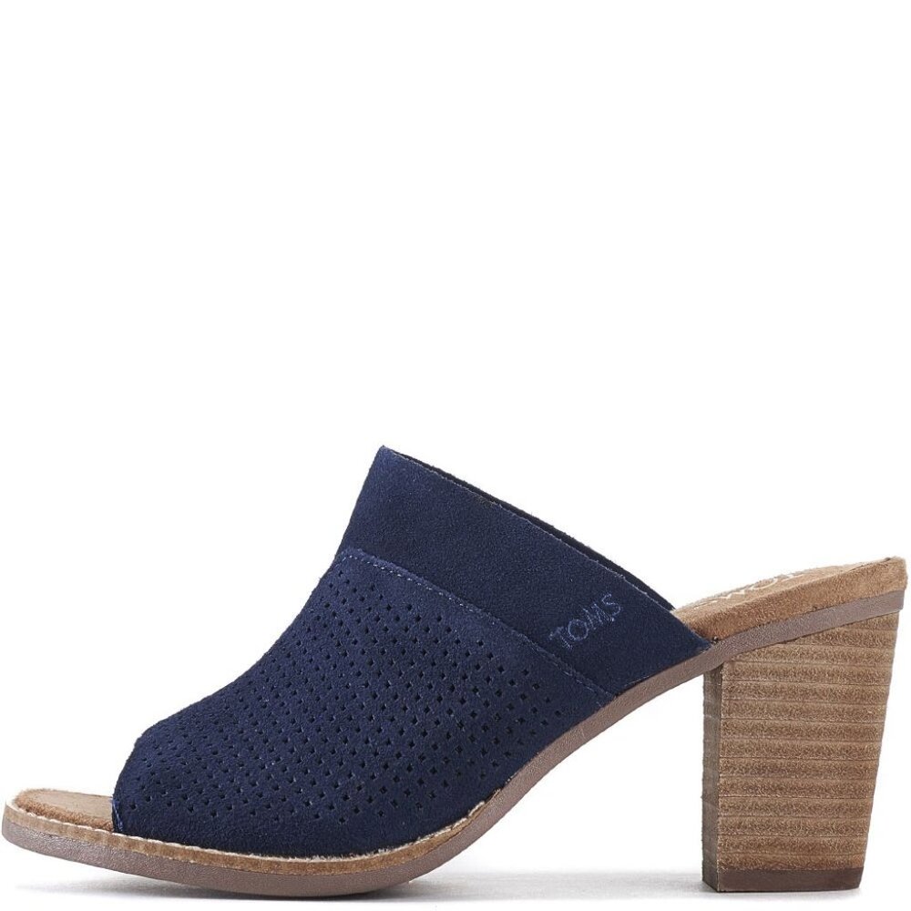 TOMS Majorca Suede Mules Navy Blue Nubuck Perforated Leather Stacked Hee…
